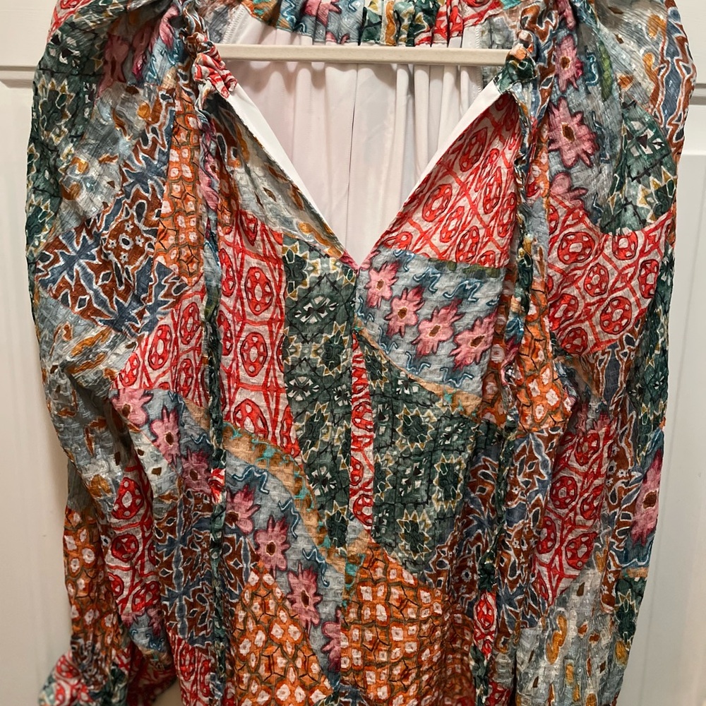 Marie Oliver Vibrant Patchwork Blouse with Drawstring Detail-NO TAGS I’M SZ MED